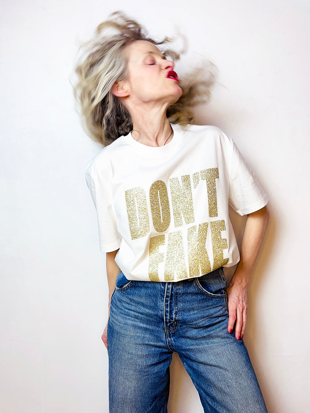 Tee-Shirt DON'T FAKE Off White Paillette Champagne