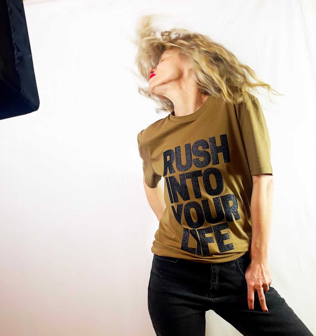 Tee-Shirt RUSH INTO YOUR LIFE Off Dark Camel Paillette Noir