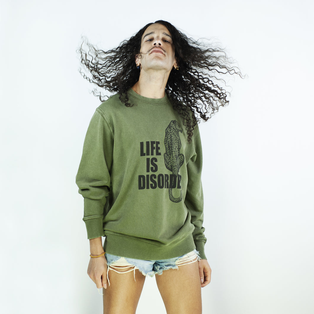 Sweat Shirt LIFE IS DISORDER effet Vintage Kaki