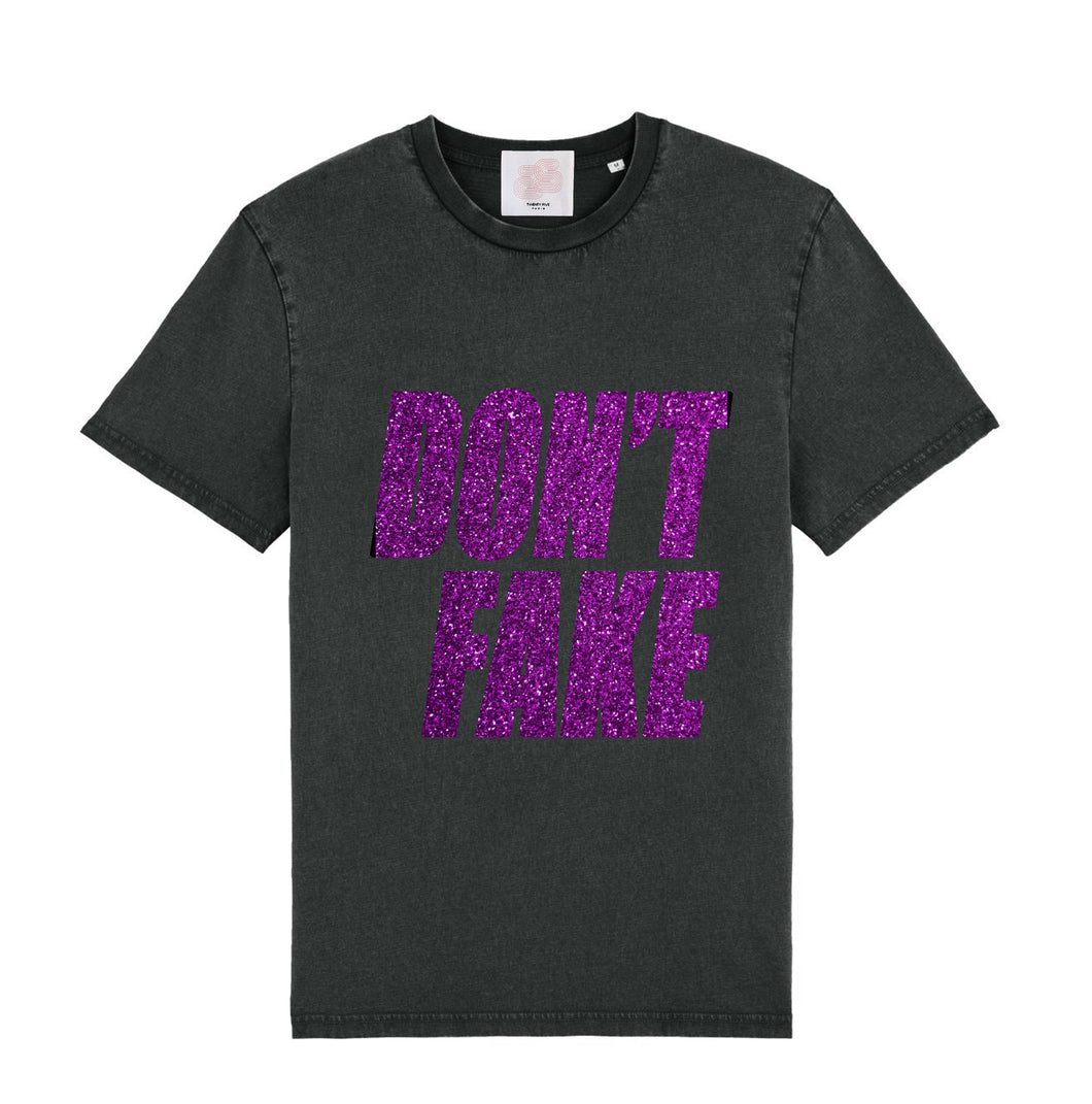 Tee-Shirt DON'T FAKE Effet Vintage Noir pailleté Violet