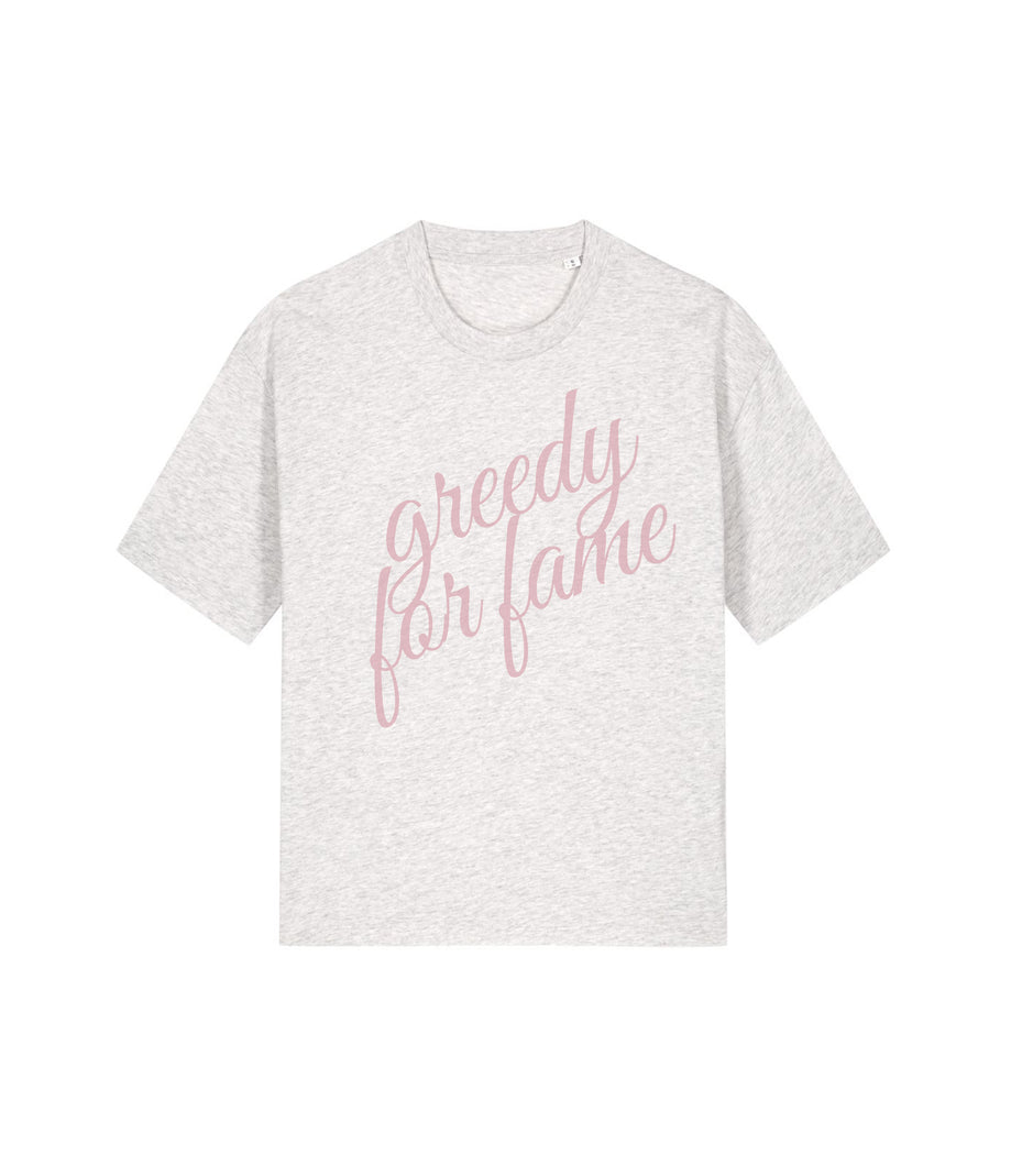 Tee shirt GREEDY FOR FAME coupe Boxy coton biologique gris clair inscription rose poudrée